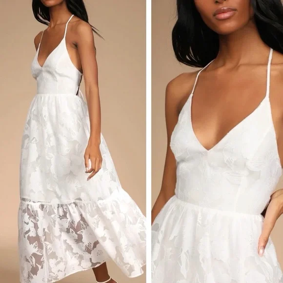 ❤️ Lulus Feeling Like Forever White Jacquard Organza Lace-Up Midi Dress - Picture 10 of 16